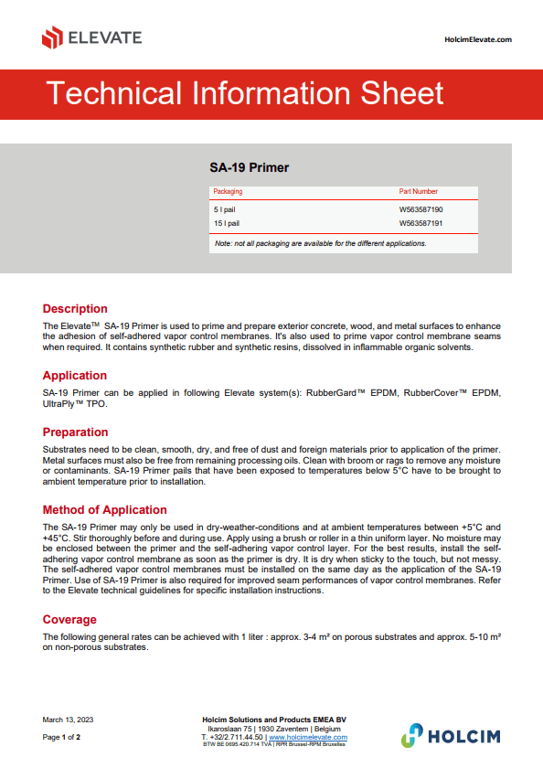 Elevate SA-19 Primer Technical Information Sheet